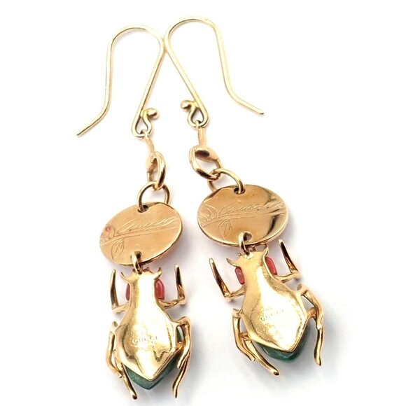 Authentic! Gucci 18k Yellow Gold Diamond Malachite Carnelian Scarab Earrings - Picture 3 of 9